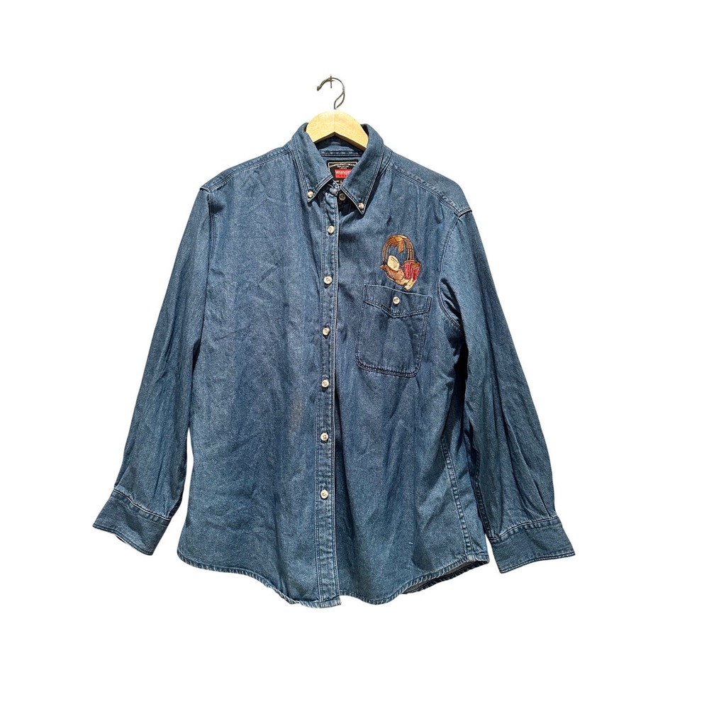 Wrangler Vintage Women's Western Denim Button Down Shirt Large‎ Rodeo Cowgirl